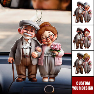 Old Cartoon Couple Holding Hand Personalized Acrylic Car Ornament - Gift For Couple