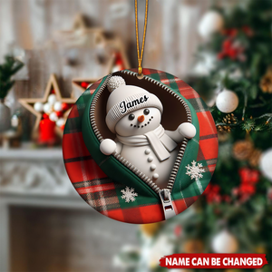 Funny Zipper Plaid Snowman Personalized Christmas Ceramic Ornament