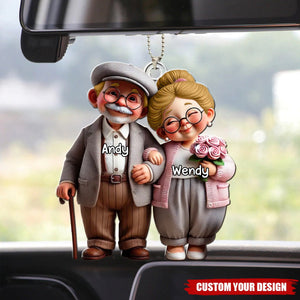 Old Cartoon Couple Holding Hand Personalized Acrylic Car Ornament - Gift For Couple