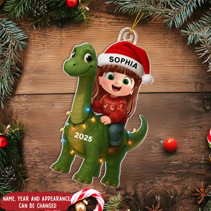 Cartoon Little Girl Boy With Dinosaur - Personalized Christmas Acrylic Ornament