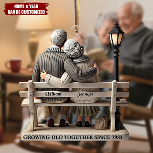 Old Couple Sitting On Bench At The Park - Personalized Acrylic Christmas Ornament