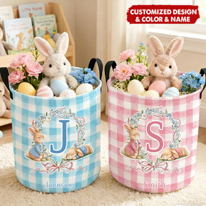 Cute Personalized Initial and Name Easter Bunny Wreath Bow Plaid Laundry Basket - Easter Day Gift for Kids