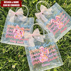 Pink Bow Ribbon Personalized Happy Easter Y2K Bunny Transparent Gift Bag - Egg Hunting Party Easter Gift for Kids