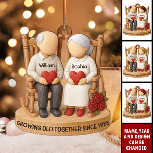 Old Couple Sitting on Chair - Personalized Wooden Ornament
