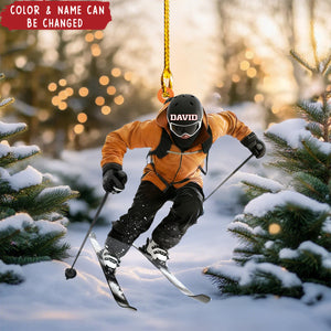Personalized Skiing Christmas Acrylic Ornament, Unique Winter Sports Holiday Xmas Decor for Snow Lovers