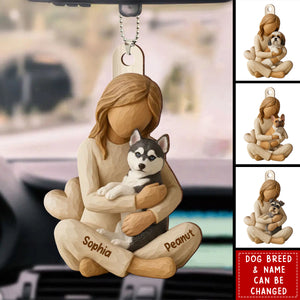 Girl & Her Dog - Personalized Wooden Car Ornament - Gift For Dog Lover