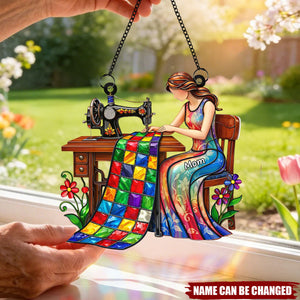 Mom Grandma Sewing Colorful Quilt - Personalized Suncatcher - Gift For Mom, Grandma