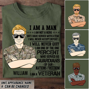 Personalized US Soldier/ Veteran I AM A MAN NOT HERO I WILL NEVER ACCEPT DEFEAT Tshirts
