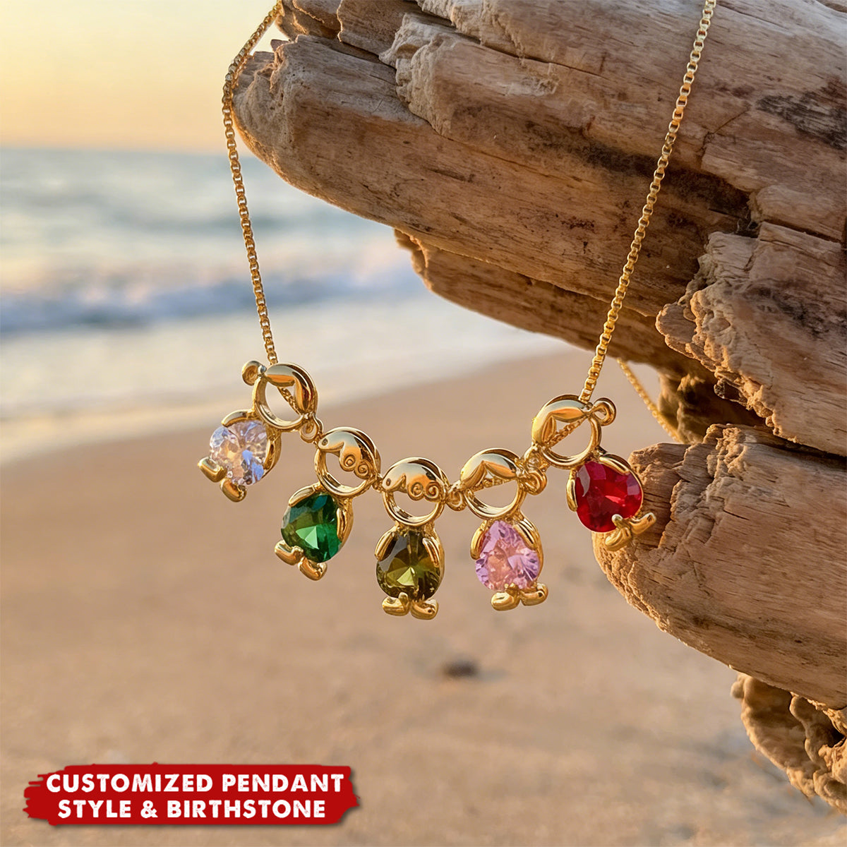 Personalised Boy Girl Outline Heart Birthstones Pendant Necklace - Birthday Anniversary Gift for Women Kids