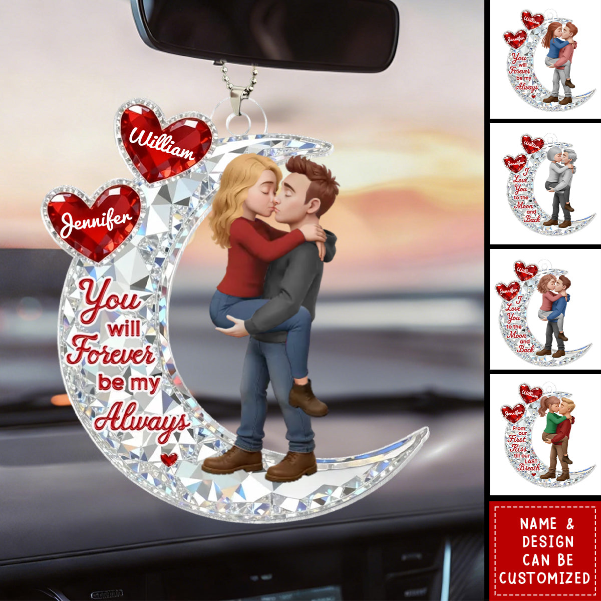 Couple Hug On Moon - Personalized Car Ornament, Gift For Couple, Gift For Him, For Her