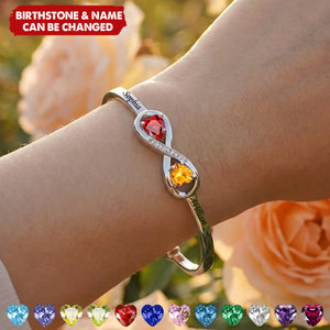 Personalized Infinity Double Heart Birthstones Engraved Cuff Bracelet