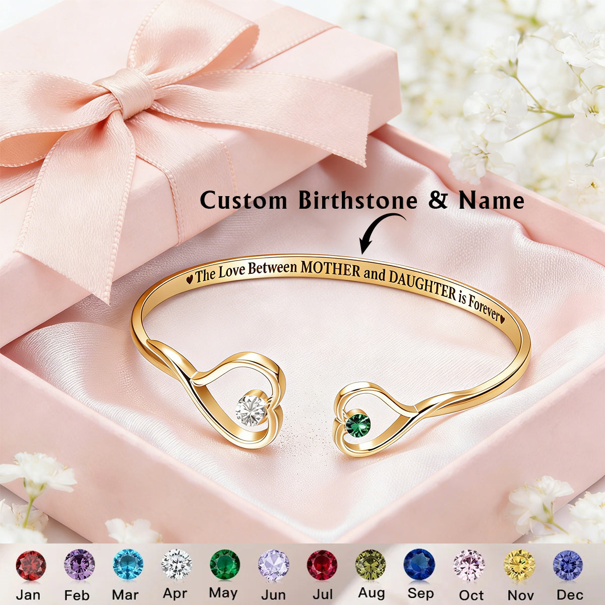 The Love Between Grandmother & Granddaughter - Personalized Gem Heart Cuff Bracelet