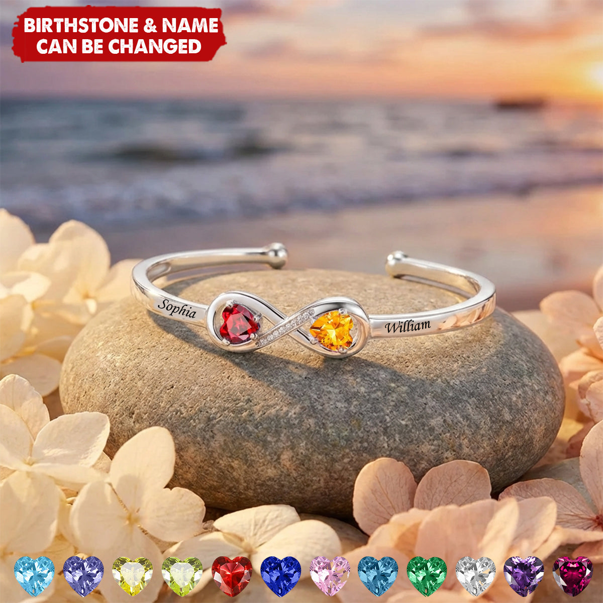 Personalized Infinity Double Heart Birthstones Engraved Cuff Bracelet