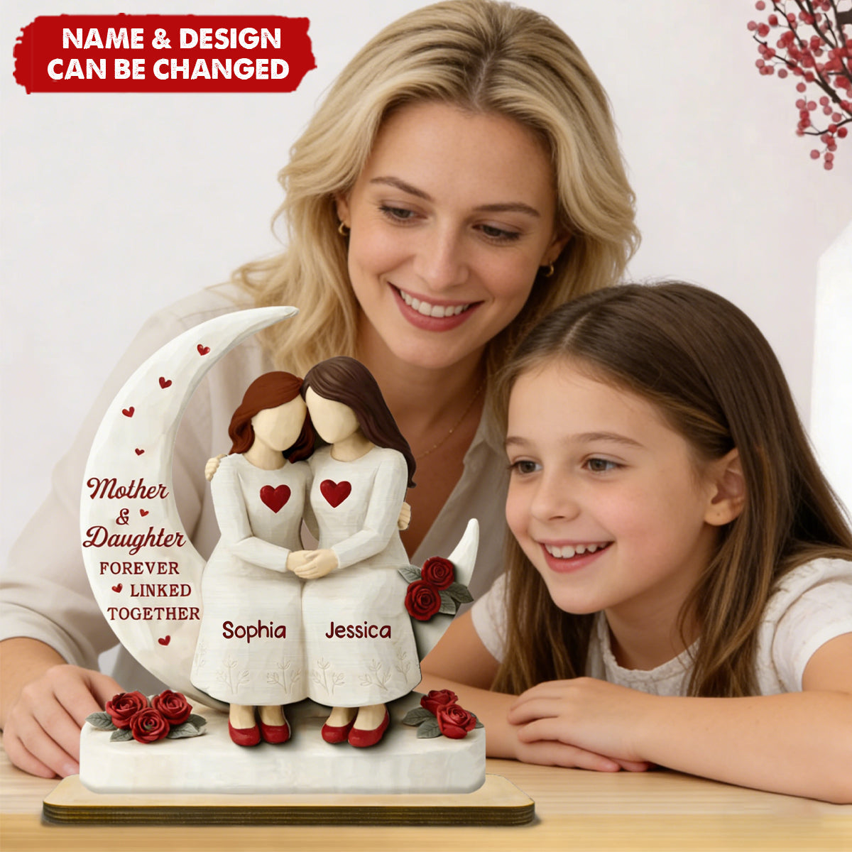Personalized 2-Layer Wooden Plaque Mother & Daughter Forever Linked Together, Hugging Figurines with Roses