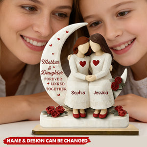 Personalized 2-Layer Wooden Plaque Mother & Daughter Forever Linked Together, Hugging Figurines with Roses