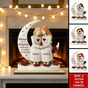 Personalized 2-Layer Wooden Plaque Mother & Daughter Forever Linked Together, Hugging Figurines with Roses