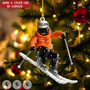 Funny Skiing Personalized Name Shaped Acrylic Ornament - Gift For Skiing Lovers