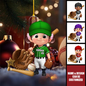 Baseball Player With Baseball Mitt Bat Ball - Personalized Acrylic Ornament, Gift For Kids, Grandkids