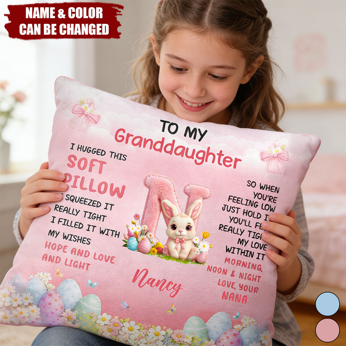 Faux Embroidered Bunny Hugging Initial Letter - Personalized Pillow