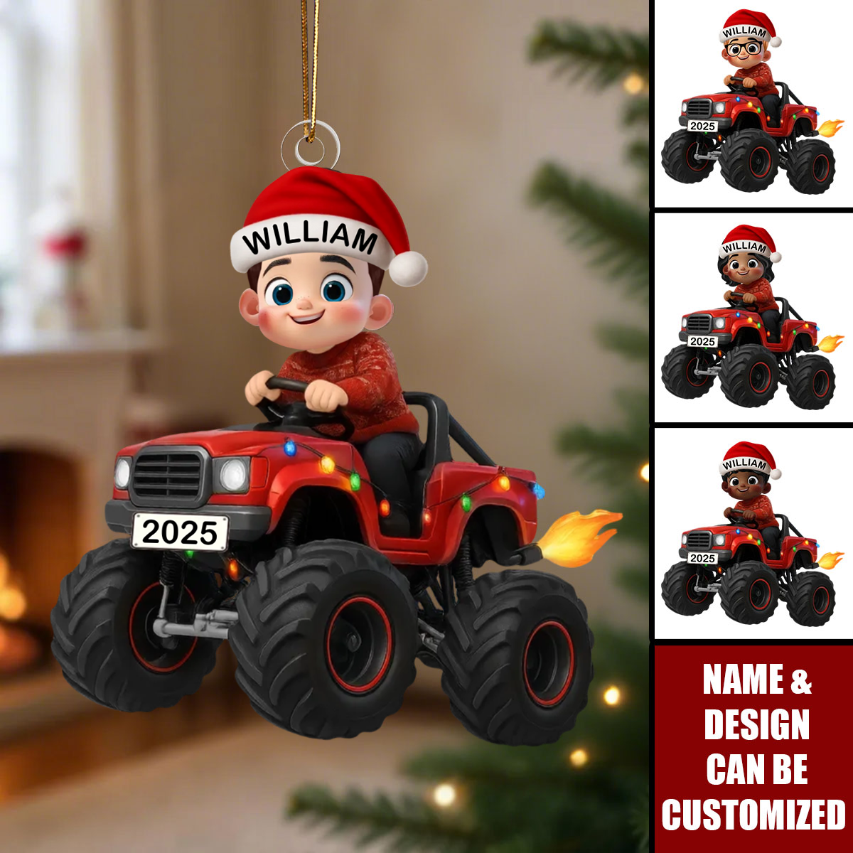 Christmas Kid Driving Monster Truck - Personalized Acrylic Ornament, Gift For Kids, Grandkids