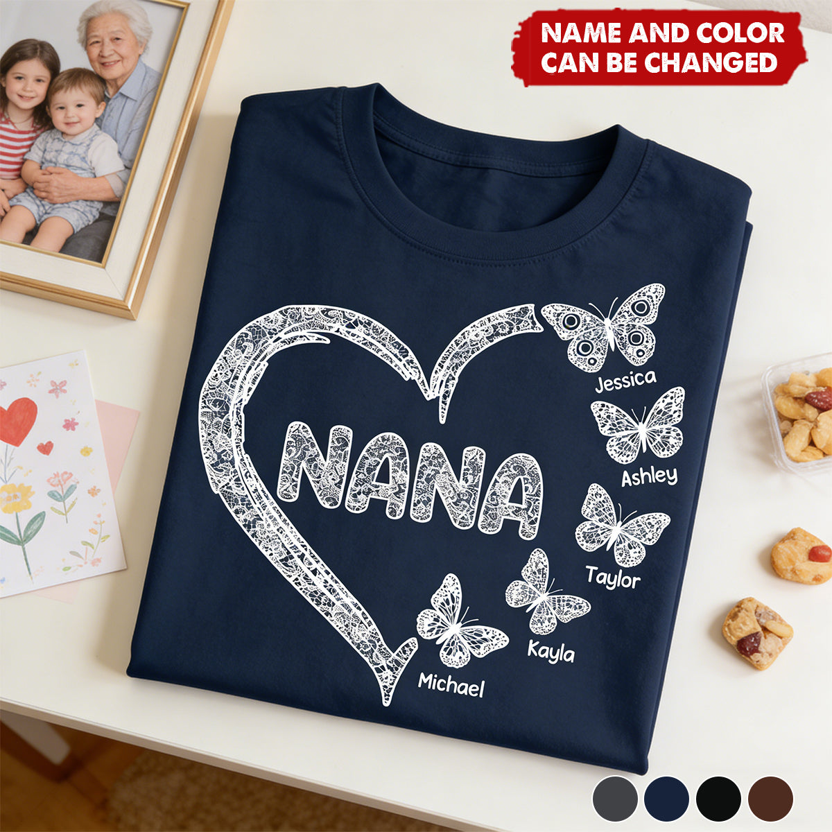 Grandma Lace Pattern Butterflies Heart - Personalized Shirt - Gift For Grandma, Mom