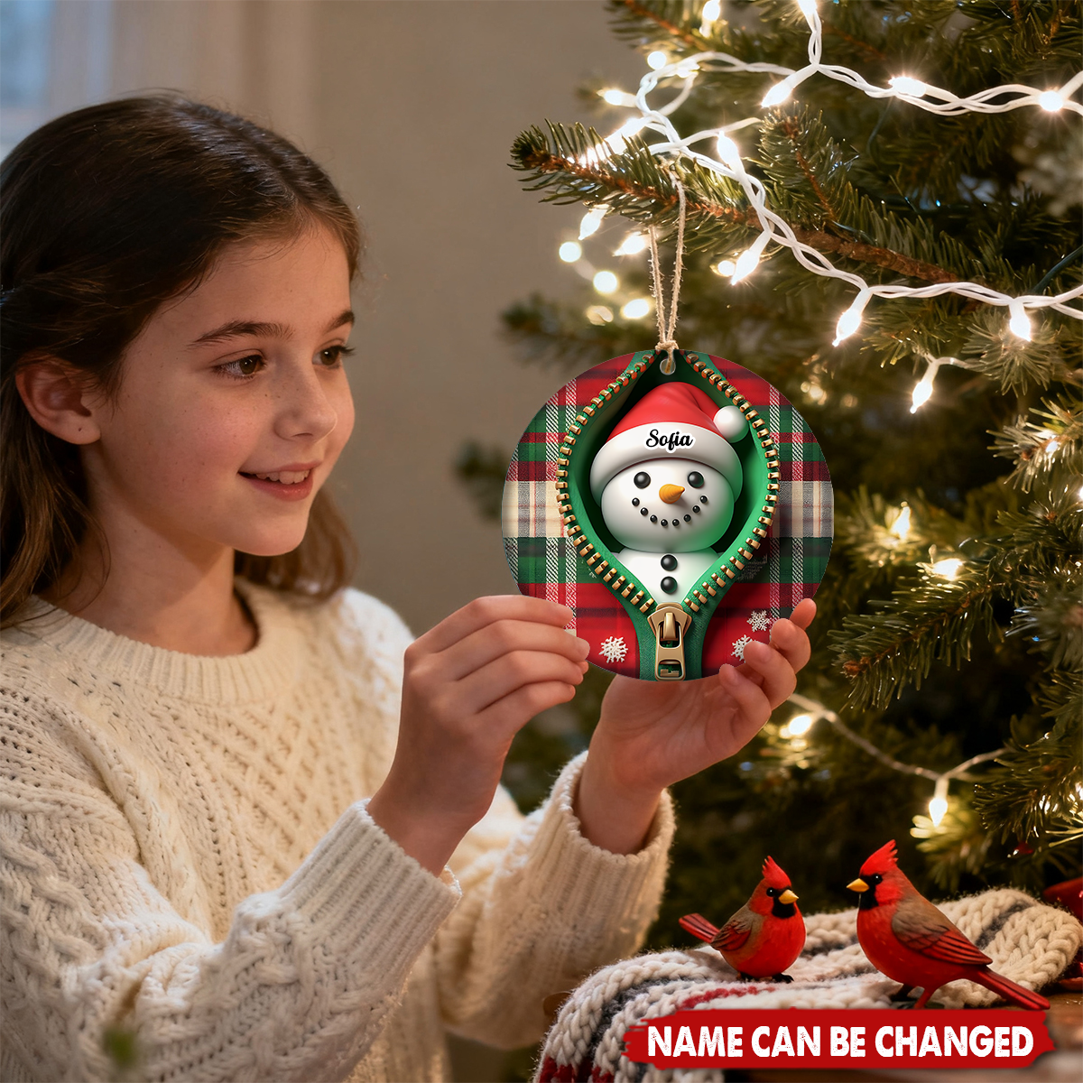 Funny Zipper Plaid Snowman Personalized Christmas Ceramic Ornament