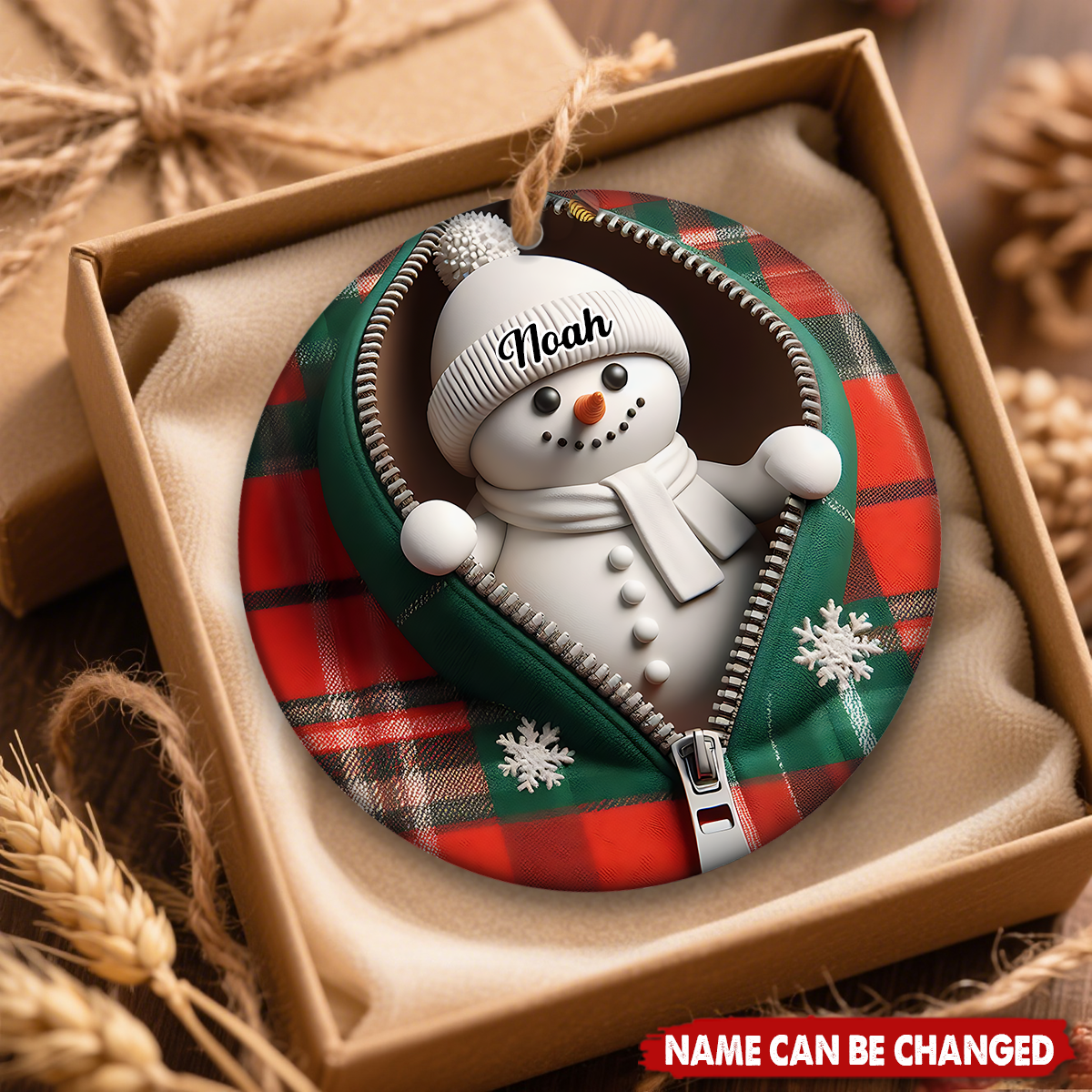 Funny Zipper Plaid Snowman Personalized Christmas Ceramic Ornament