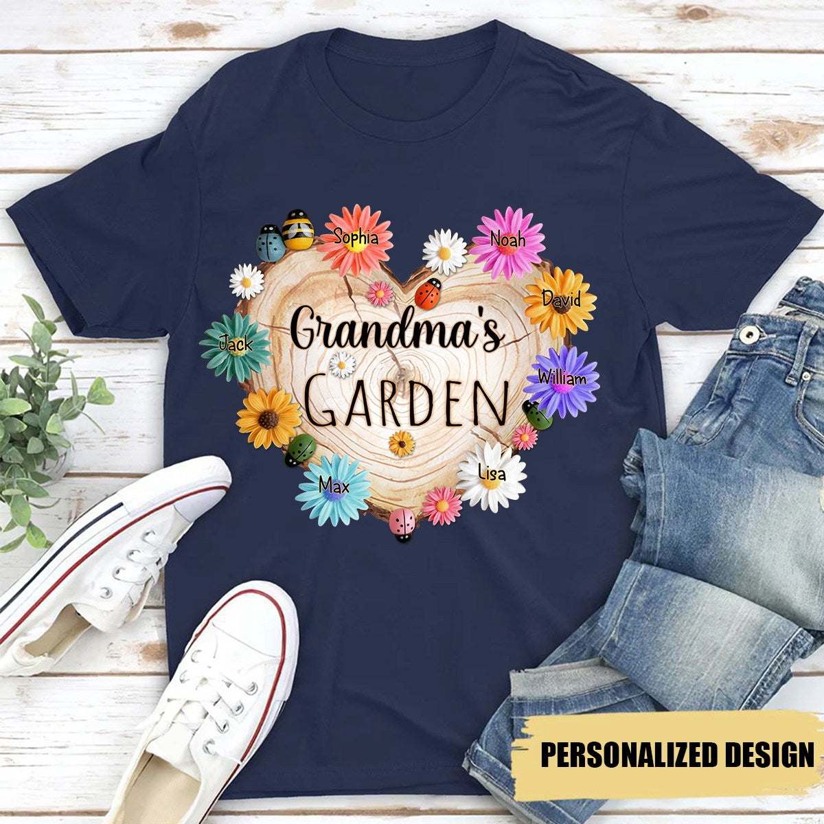 Personalized Grandma Garden Heart Flower Shirt, Custom Grandma With Grandkids Flower Wood Heart