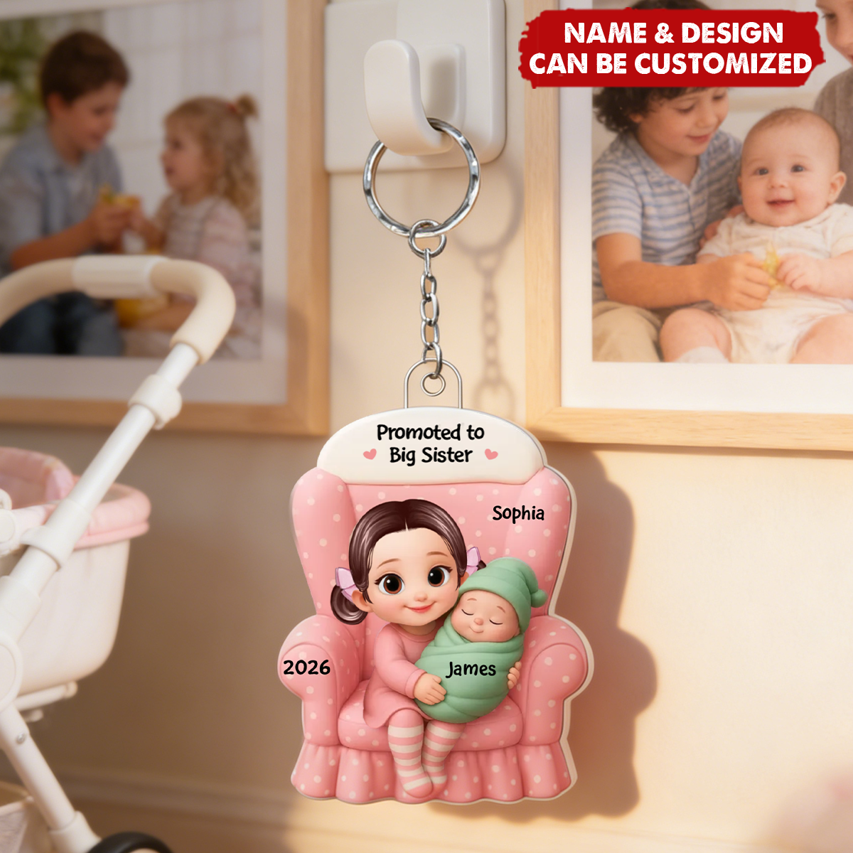 Big Brother, Big Sister And Baby - Personalized Acrylic Keychain, Baby Announcement Gift