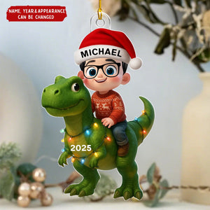 Cute Cartoon Kid With Dinosaur - Personalized Christmas Acrylic Ornament