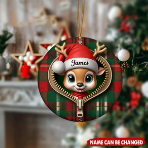 Funny Plaid Zipper Reindeer Giraffe Personalized Christmas Ceramic Ornament