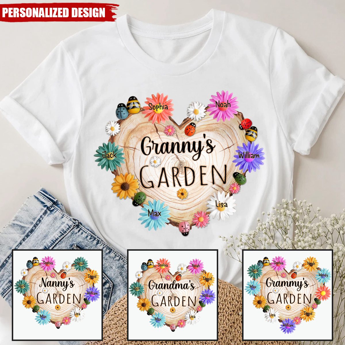 Personalized Grandma Garden Heart Flower Shirt, Custom Grandma With Grandkids Flower Wood Heart