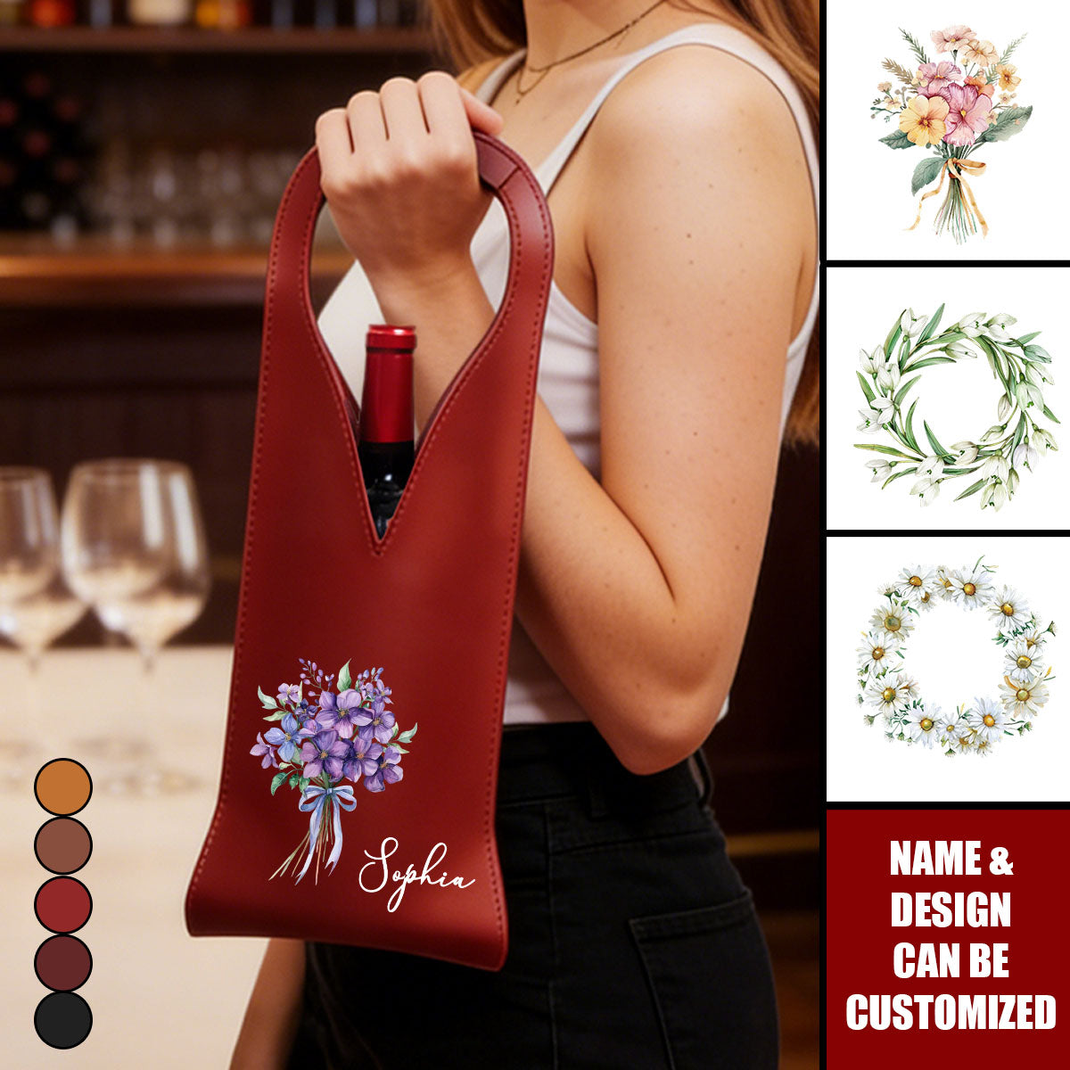 Custom Birth Flower & Name - For Her, Friends, Sisters, Wine Lovers - Personalized Leather Wine Bag