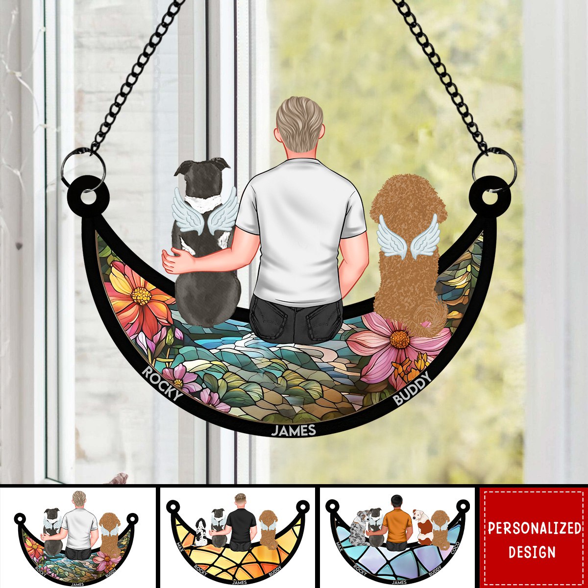 Man And Dog Sitting On The Moon - Personalized Window Hanging Suncatcher Ornament