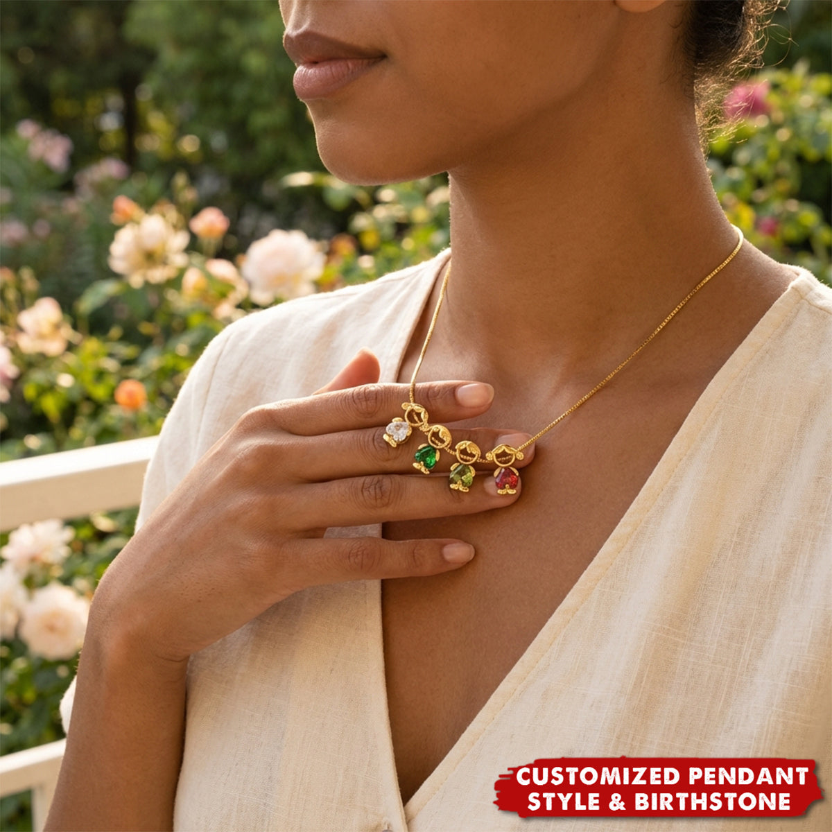 Personalised Boy Girl Outline Heart Birthstones Pendant Necklace - Birthday Anniversary Gift for Women Kids