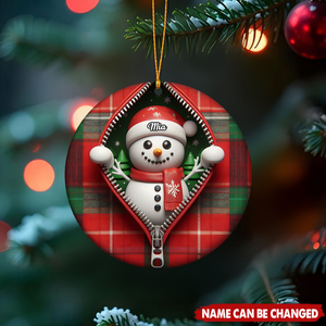 Funny Zipper Plaid Snowman Personalized Christmas Ceramic Ornament
