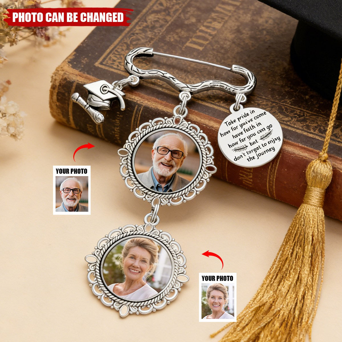 Custom Photo Take Pride In How Far You've Come - Personalized Graduation Tassel Pin