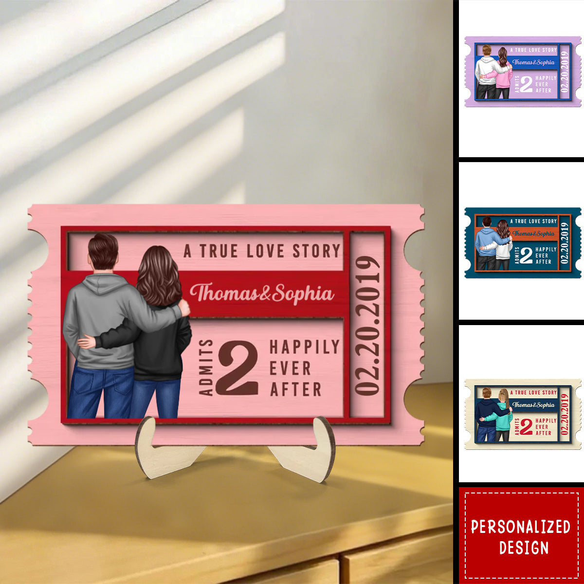 True Love Story Ticket Personalized 2-Layer Wooden Plaque, Gifts for Couple, Friends