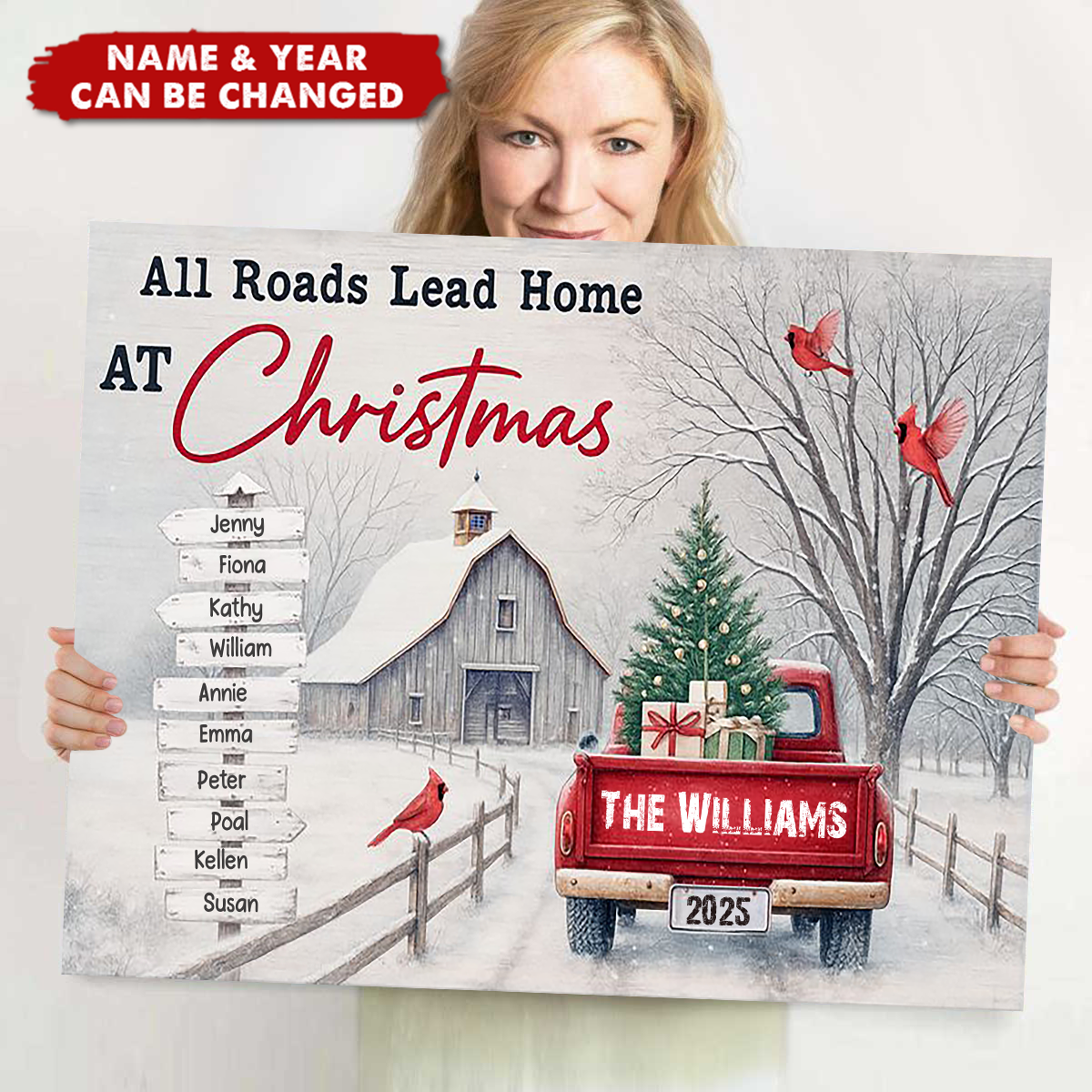 All Roads Lead Home At Christmas With Red Truck and Cardinal Birds, Personalized Horizontal Poster