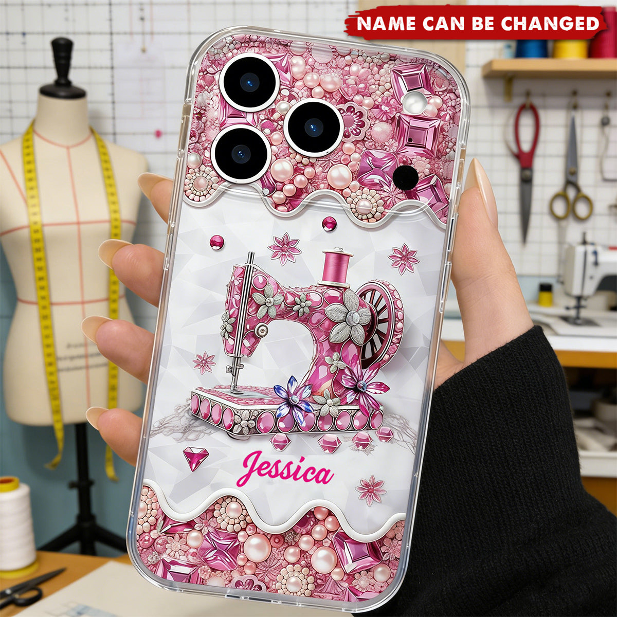 Vintage Sewing Machine Diamond Floral, Clear Phone Case, Gift For Mom