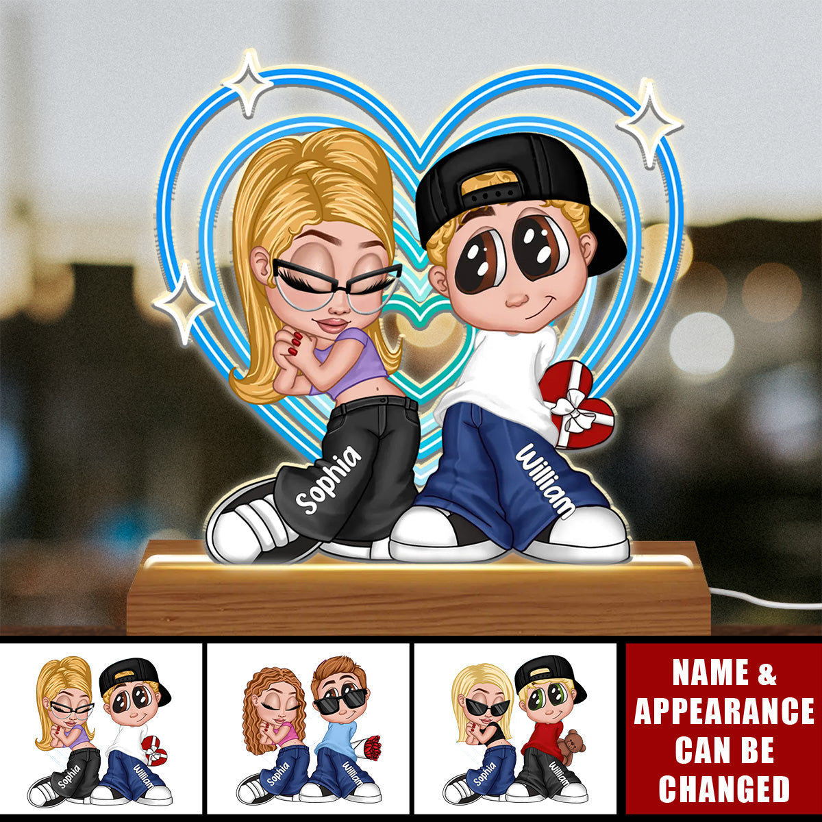 Y2K Couple Retro Heart Personalized Acrylic LED Night Light, Anniversary Gift, Valentine's Day Gift for Him for Her