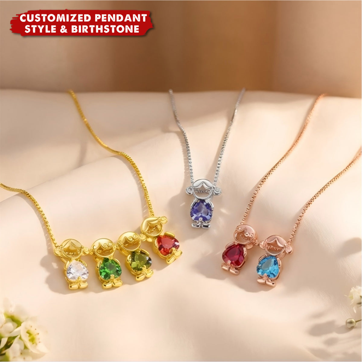 Personalised Boy Girl Outline Heart Birthstones Pendant Necklace - Birthday Anniversary Gift for Women Kids