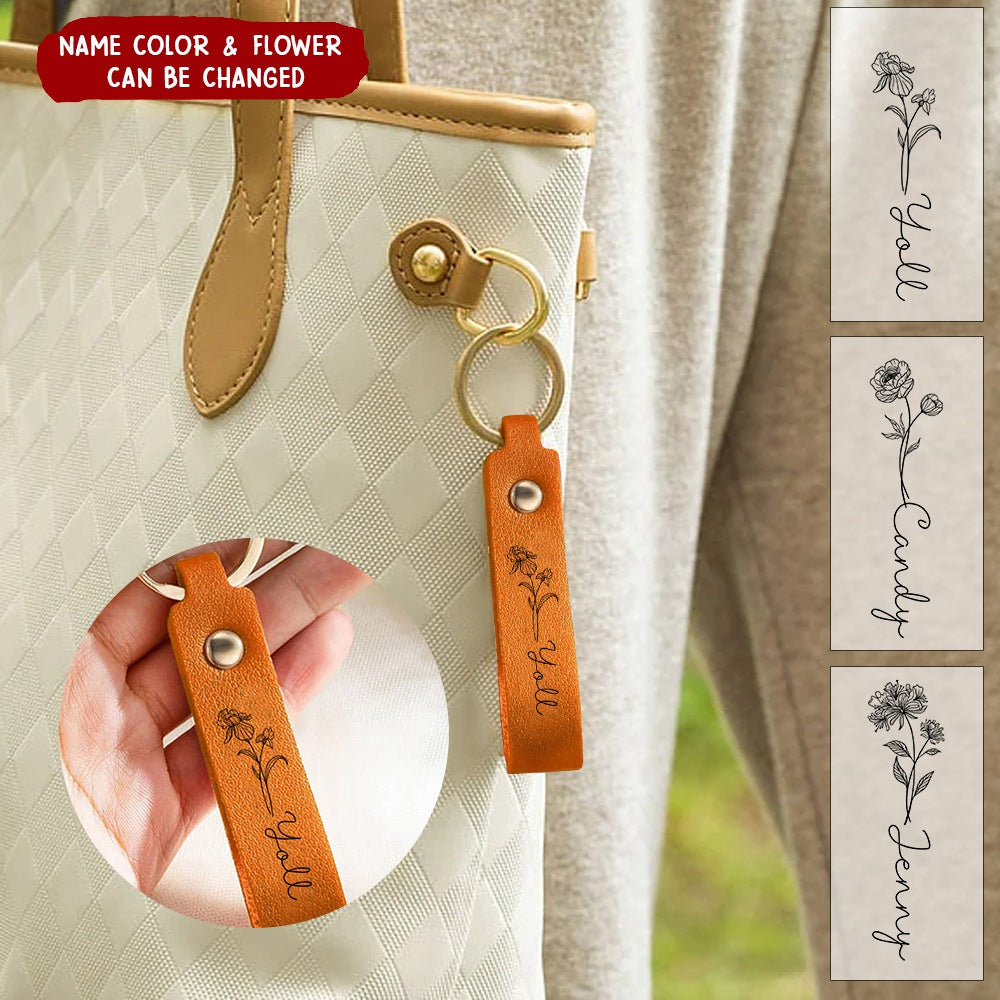 Personalised Birth Flower Leather Keychain with Engraved Name Christmas Gift Wedding Party Gift Bridesmaid Gift