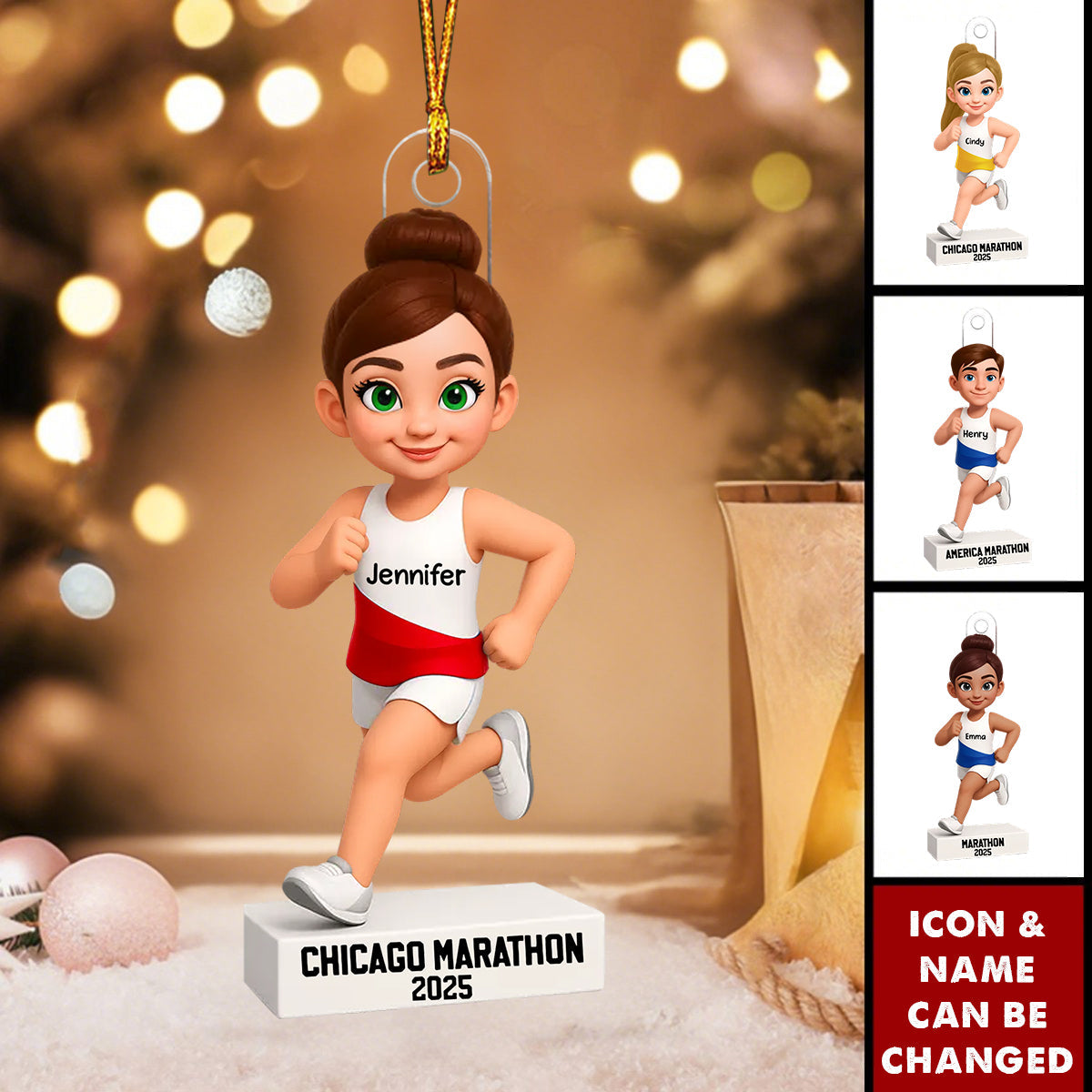 Christmas Boy Girl Running Personalized Acrylic Ornament - Gift For Runners, Running Lovers, Marathon Finishers