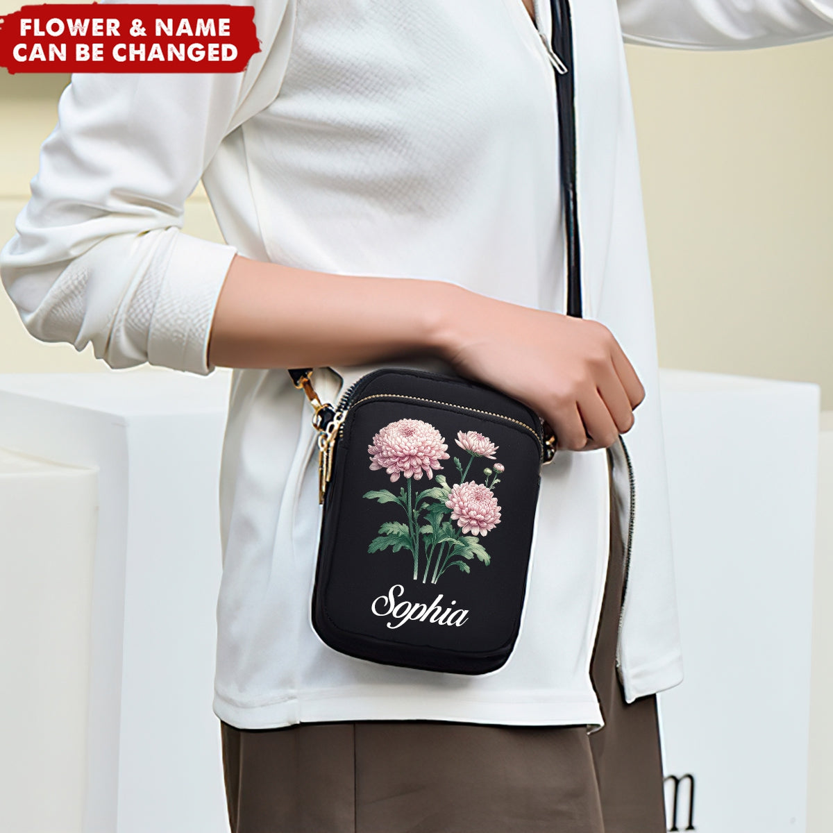 Birth Flower Shoulder Wallet With Headphone Hole Personalized Phone Crossbody Bag