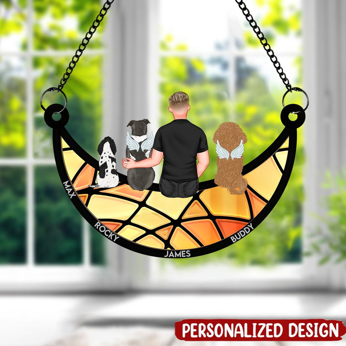 Man And Dog Sitting On The Moon - Personalized Window Hanging Suncatcher Ornament