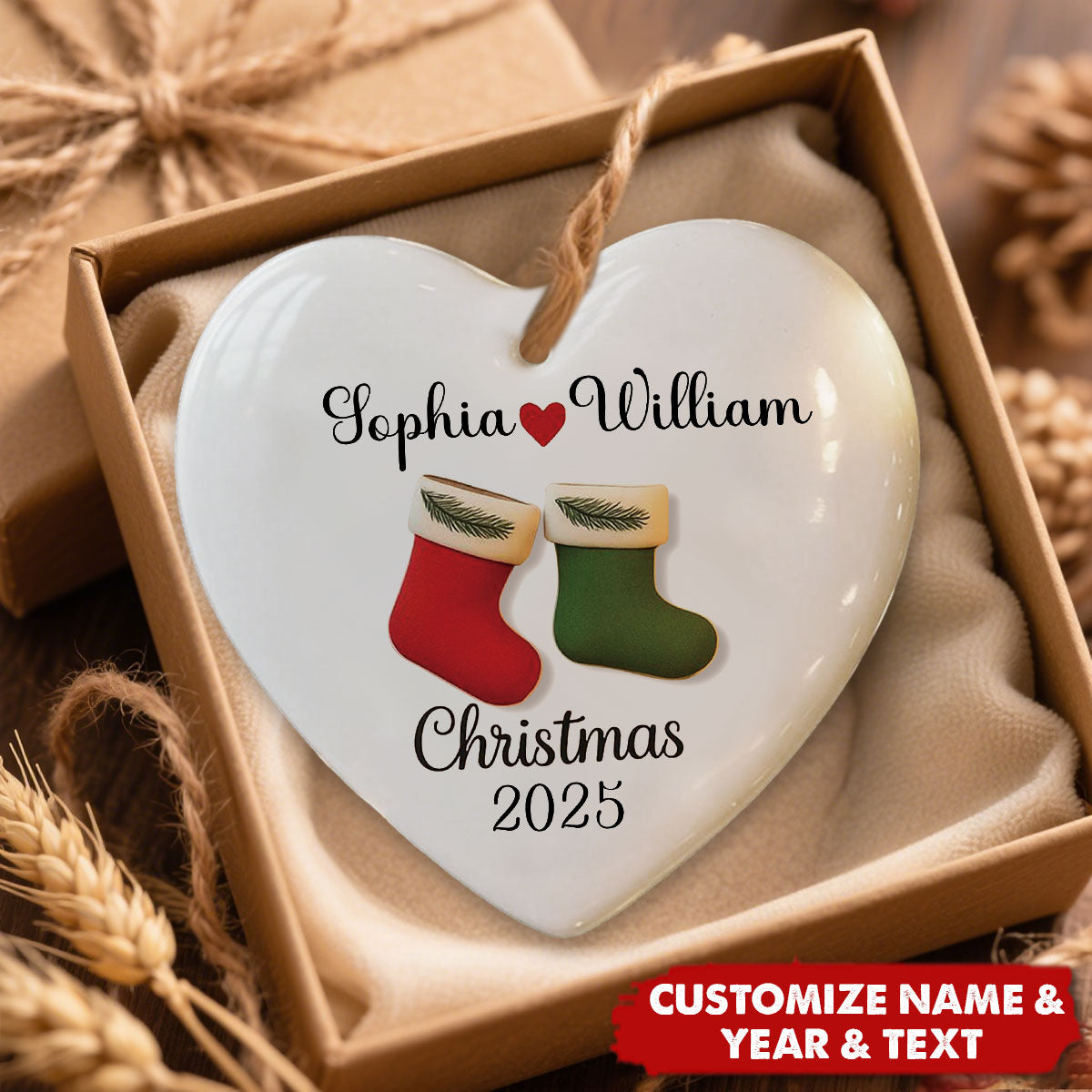 Personalized Couple Christmas Stocking Ceramic Ornament - Married Anniversary Gift