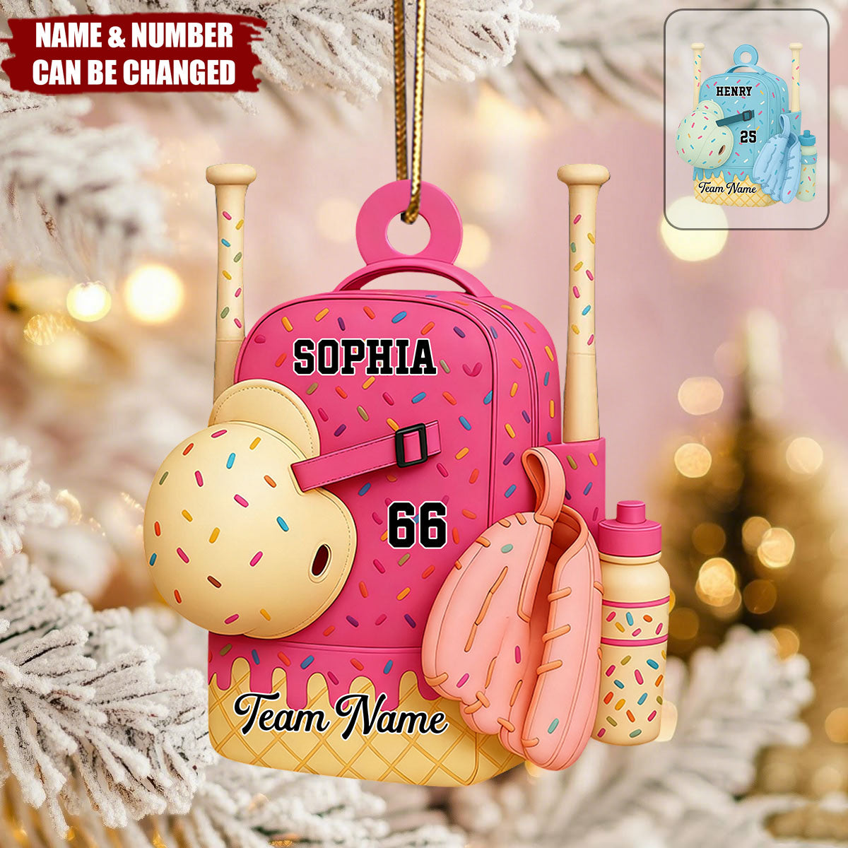 3D Effect Ice Cream Drip Sprinkles Baseball Softball Bag Backpack - Personalized Acrylic Ornament
