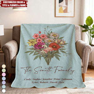 Family Boho Birth Flower Bouquet Flowers Personalized Blanket - Gift For Mom, Grandma, Family