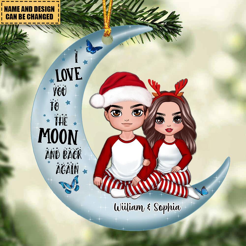 Christmas Doll Couple Sitting Hugging On Moon Christmas Gift Personalized Acrylic Ornament